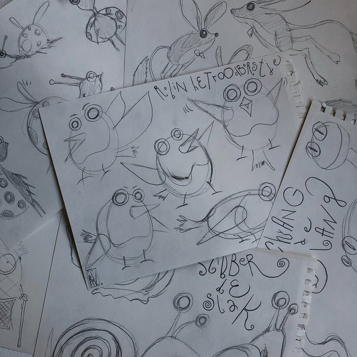 Pencil sketches of Robin het Roodborstje, Slibber de Slak and Sjang de Slang by Robin Gnarly